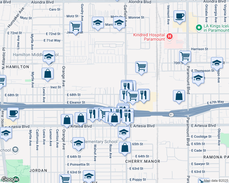 map of restaurants, bars, coffee shops, grocery stores, and more near 1821 East 68th Street in Long Beach