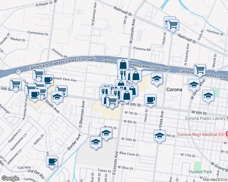 map of restaurants, bars, coffee shops, grocery stores, and more near 1203 West 6th Street in Corona