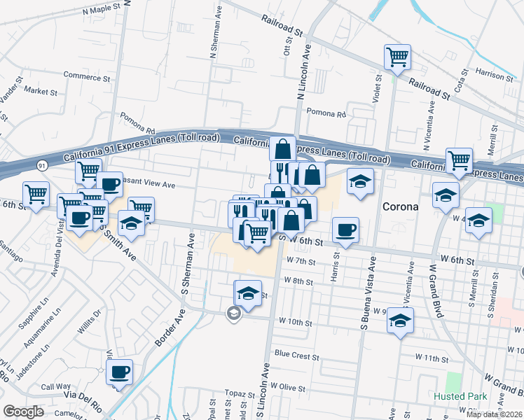 map of restaurants, bars, coffee shops, grocery stores, and more near 1203 West 6th Street in Corona