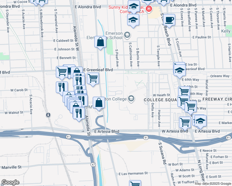 map of restaurants, bars, coffee shops, grocery stores, and more near 1680 South Tartar Lane in Compton