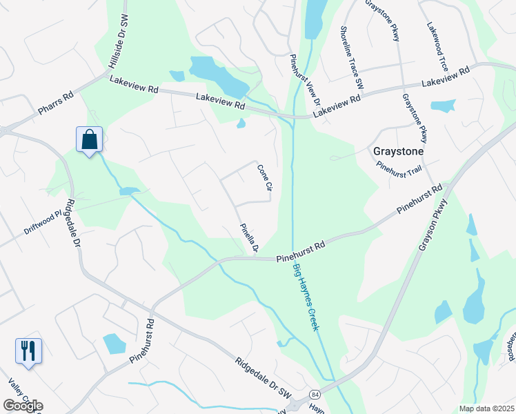 map of restaurants, bars, coffee shops, grocery stores, and more near 1394 Cone Circle in Grayson