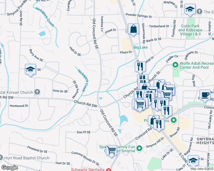 map of restaurants, bars, coffee shops, grocery stores, and more near 1038 Westfield Trace in Smyrna