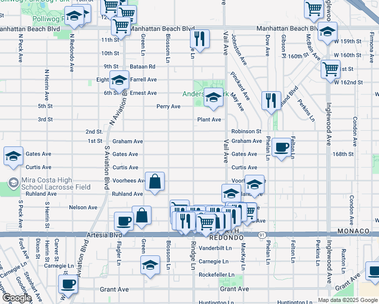 map of restaurants, bars, coffee shops, grocery stores, and more near 2121 Gates Avenue in Redondo Beach