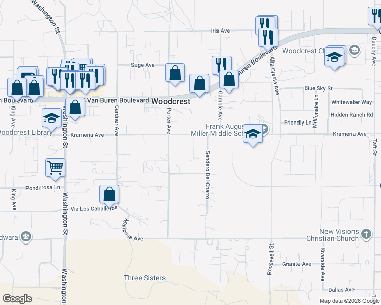 map of restaurants, bars, coffee shops, grocery stores, and more near 17599 Krameria Avenue in Riverside