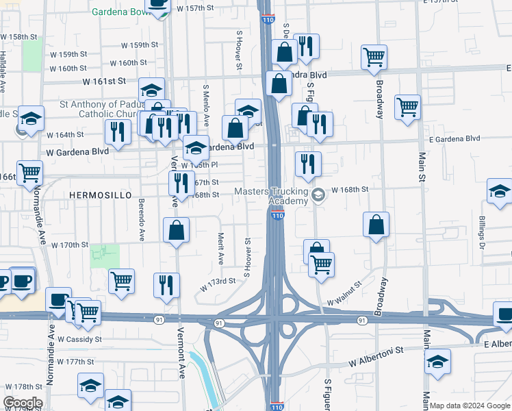 map of restaurants, bars, coffee shops, grocery stores, and more near 643 West 168th Place in Gardena