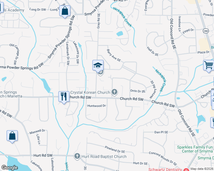map of restaurants, bars, coffee shops, grocery stores, and more near 3071 Norton Court Southeast in Smyrna