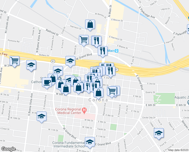 map of restaurants, bars, coffee shops, grocery stores, and more near West 3rd Street & Washburn Avenue in Corona