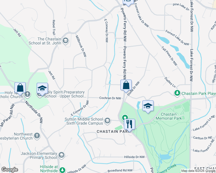 map of restaurants, bars, coffee shops, grocery stores, and more near 355 Eppington Drive Northwest in Atlanta