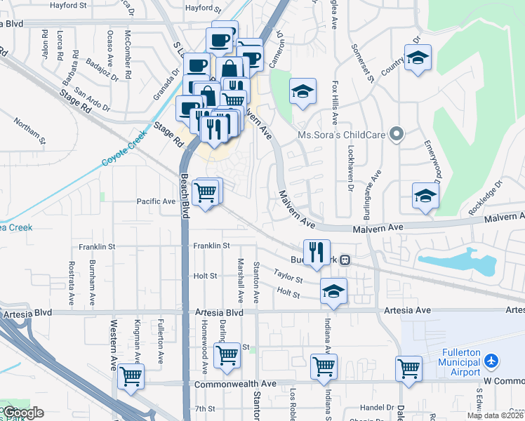 map of restaurants, bars, coffee shops, grocery stores, and more near 5519 Cajon Avenue in Buena Park
