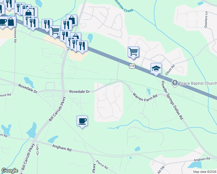 map of restaurants, bars, coffee shops, grocery stores, and more near 11 Chamberlyn Ln in Hiram