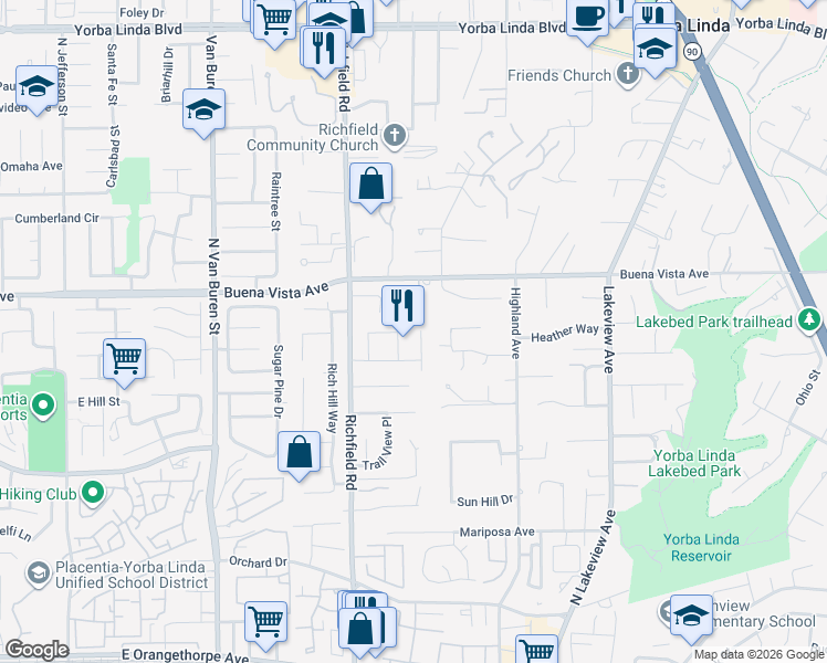 map of restaurants, bars, coffee shops, grocery stores, and more near 5661 Casa Loma Avenue in Yorba Linda