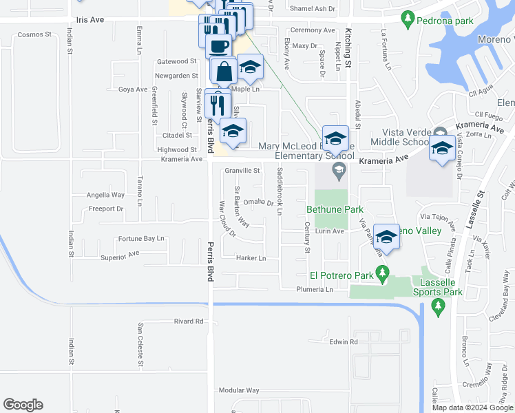 map of restaurants, bars, coffee shops, grocery stores, and more near 25171 Omaha Drive in Moreno Valley