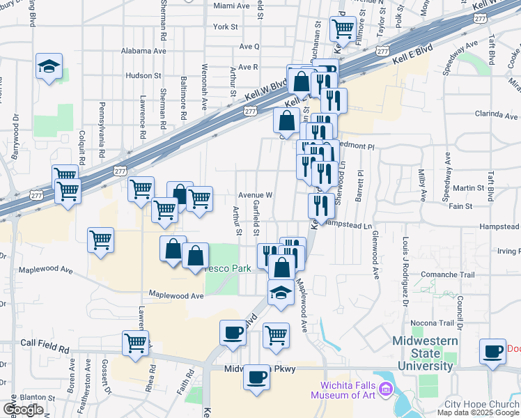 map of restaurants, bars, coffee shops, grocery stores, and more near 3304 Grant Street in Wichita Falls