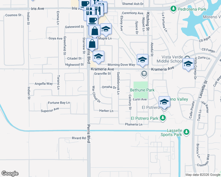 map of restaurants, bars, coffee shops, grocery stores, and more near 25181 Omaha Drive in Moreno Valley