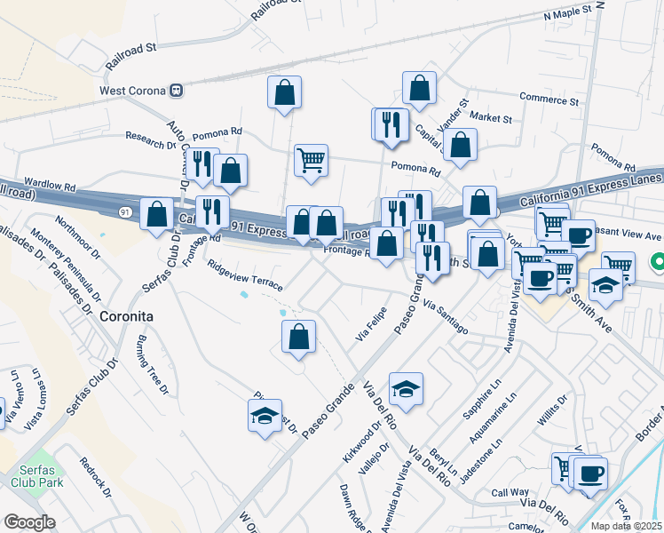 map of restaurants, bars, coffee shops, grocery stores, and more near 2001 Vía Santiago in Corona