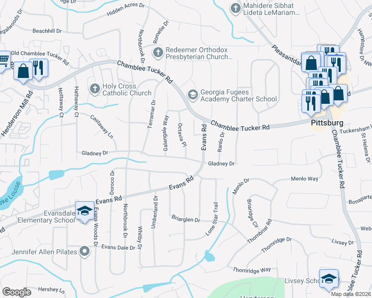map of restaurants, bars, coffee shops, grocery stores, and more near 3062 Octavia Place in Atlanta