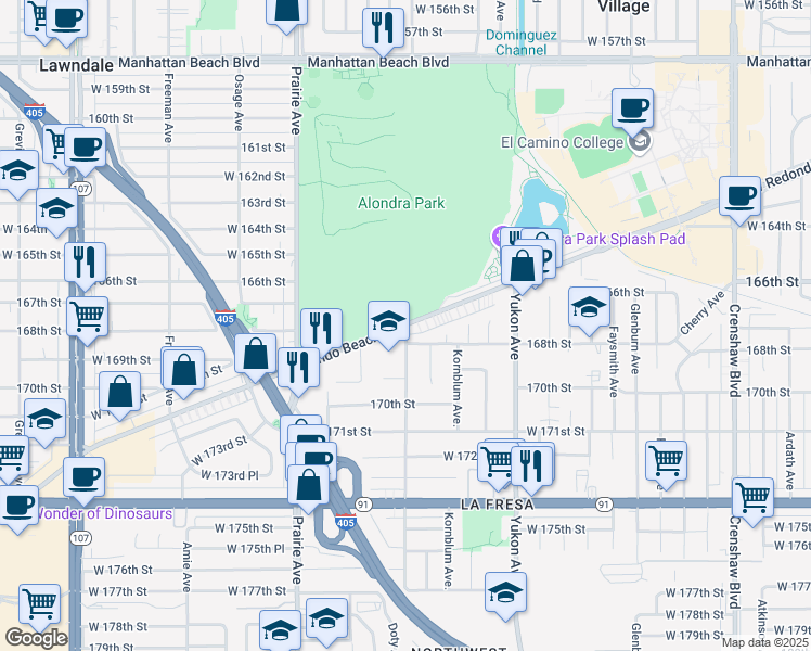 map of restaurants, bars, coffee shops, grocery stores, and more near Redondo Beach Blvd & Ainsworth Ave in Torrance