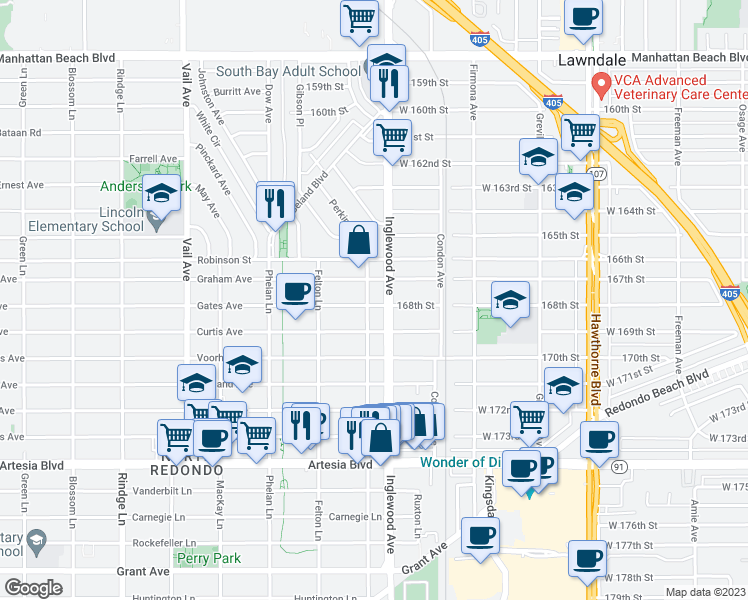 map of restaurants, bars, coffee shops, grocery stores, and more near 2703 Gates Avenue in Redondo Beach