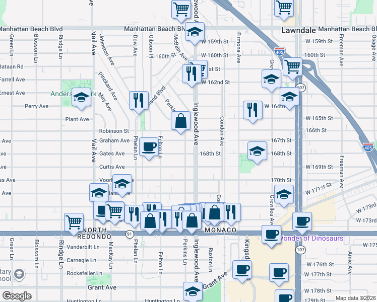 map of restaurants, bars, coffee shops, grocery stores, and more near 2703 Gates Avenue in Redondo Beach