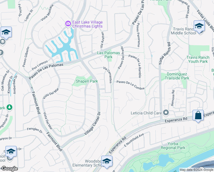 map of restaurants, bars, coffee shops, grocery stores, and more near 5540 Avenida El Cid in Yorba Linda