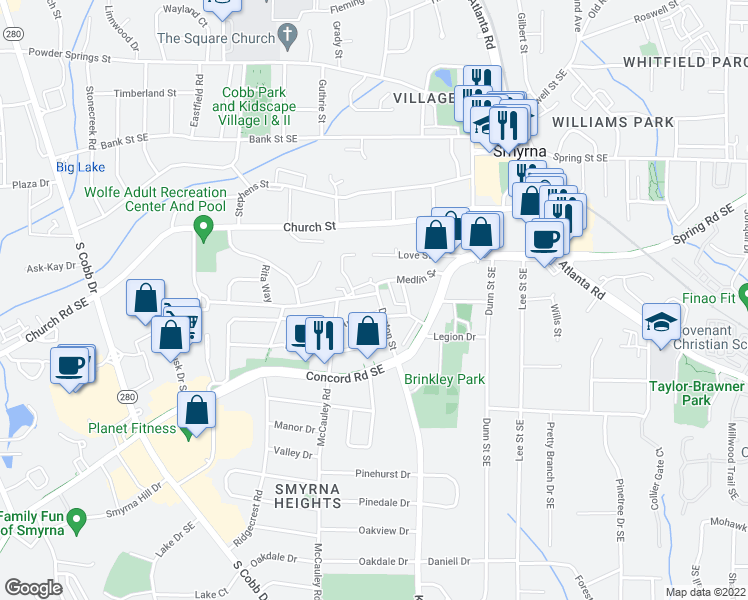map of restaurants, bars, coffee shops, grocery stores, and more near 3079 Dunton Street in Smyrna