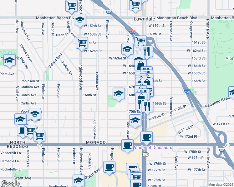 map of restaurants, bars, coffee shops, grocery stores, and more near 4543 168th Street in Lawndale