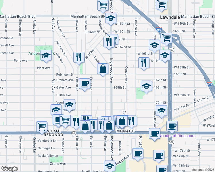 map of restaurants, bars, coffee shops, grocery stores, and more near 2703 Gates Avenue in Redondo Beach