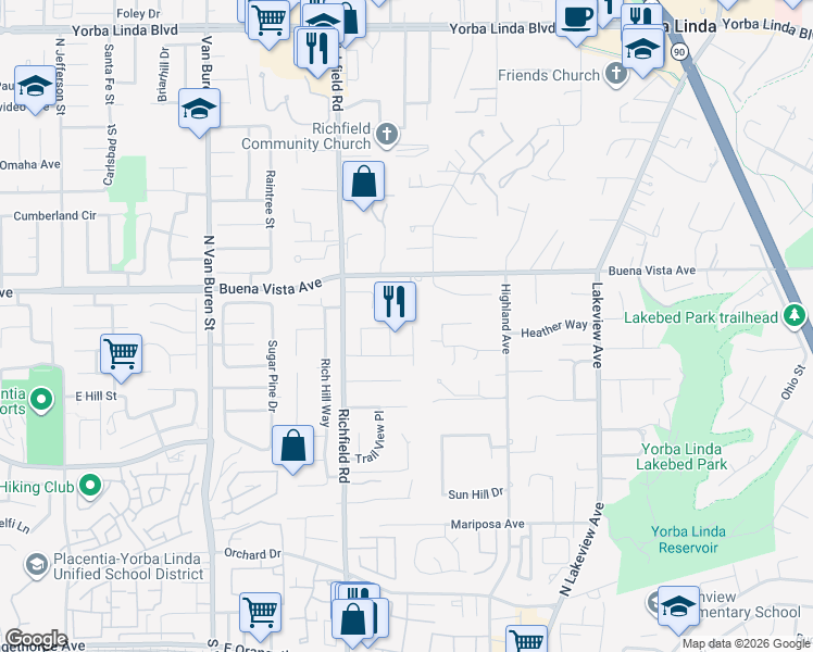 map of restaurants, bars, coffee shops, grocery stores, and more near 5661 Casa Loma Avenue in Yorba Linda