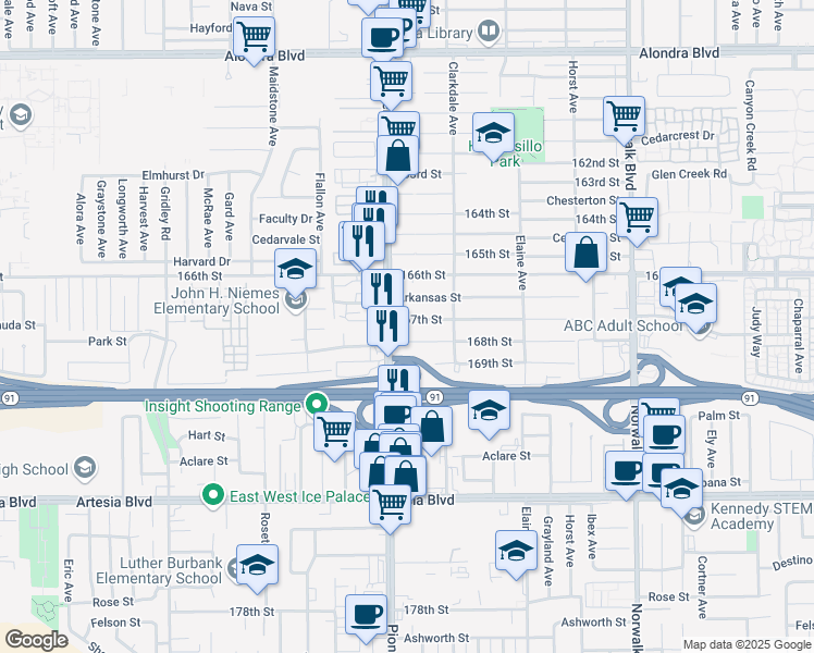 map of restaurants, bars, coffee shops, grocery stores, and more near 11818 167th Street in Artesia