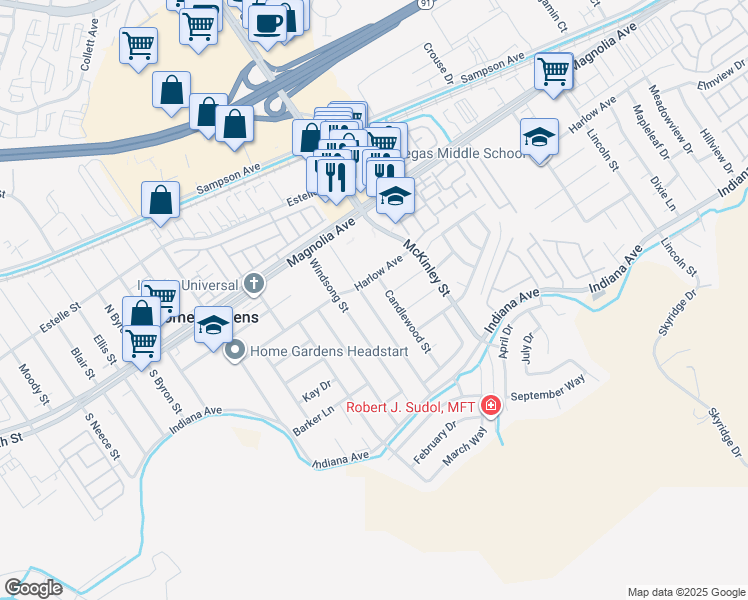 map of restaurants, bars, coffee shops, grocery stores, and more near 3641 Candlewood Street in Corona