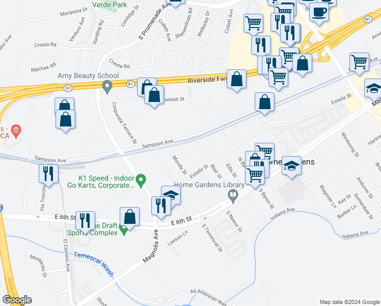 map of restaurants, bars, coffee shops, grocery stores, and more near 4101 South Neece Street in Corona