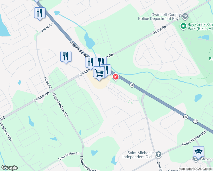 map of restaurants, bars, coffee shops, grocery stores, and more near 2715 Loganville Highway Southwest in Loganville