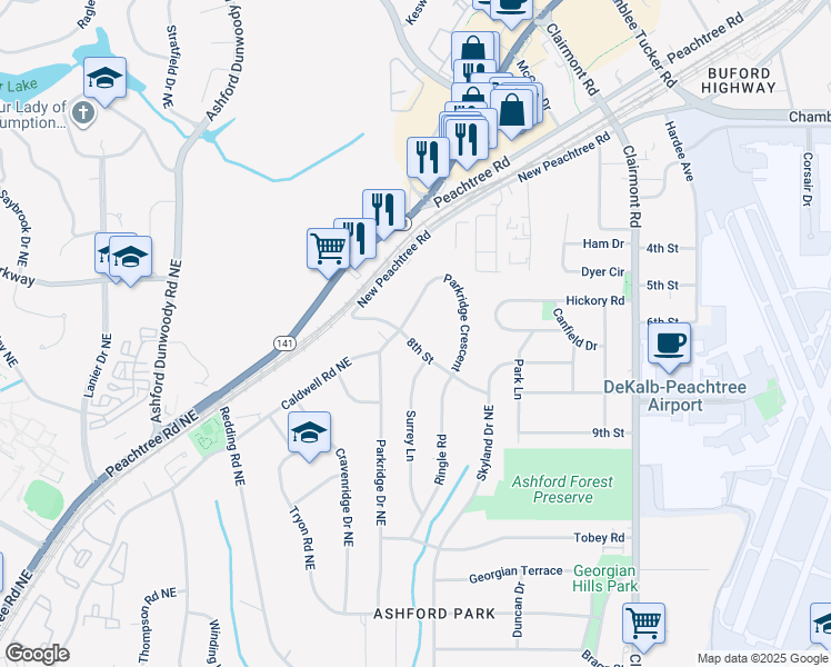 map of restaurants, bars, coffee shops, grocery stores, and more near 1734 8th Street in Chamblee