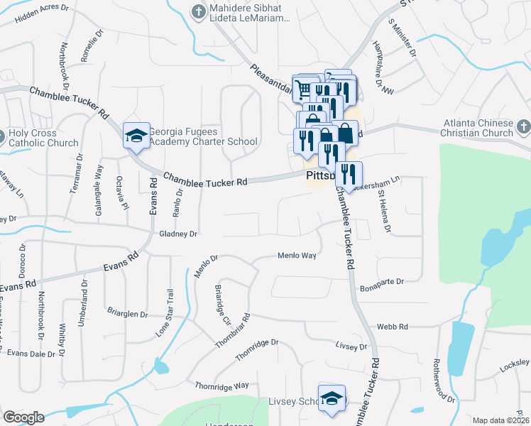 map of restaurants, bars, coffee shops, grocery stores, and more near 3029 Wembley Ridge in Doraville