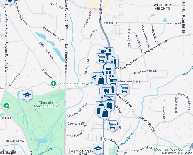 map of restaurants, bars, coffee shops, grocery stores, and more near 4532 Collins Avenue in Sandy Springs