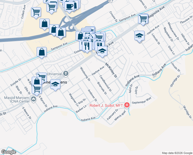 map of restaurants, bars, coffee shops, grocery stores, and more near 3641 Candlewood Street in Corona