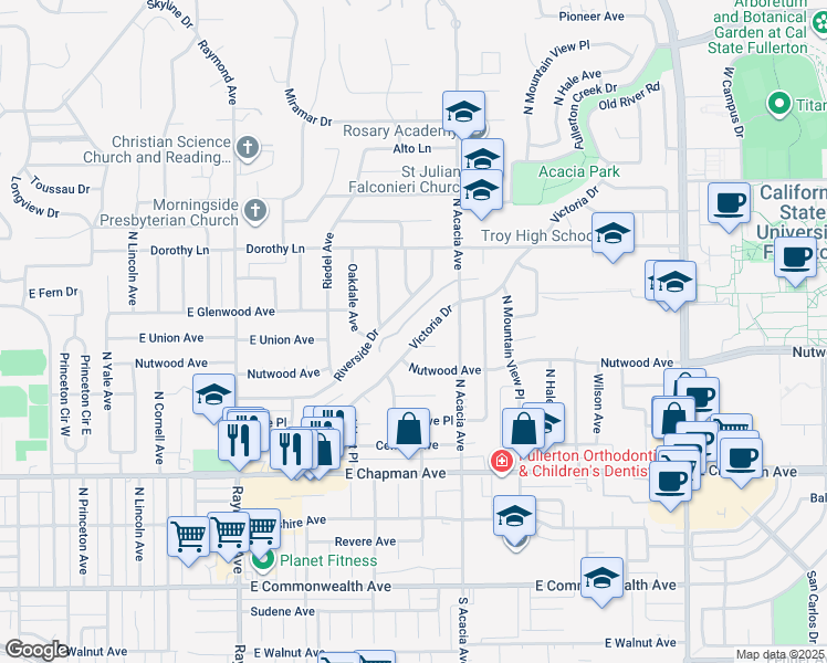 map of restaurants, bars, coffee shops, grocery stores, and more near 1613 Victoria Drive in Fullerton
