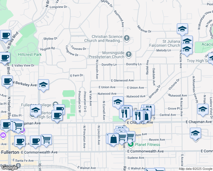 map of restaurants, bars, coffee shops, grocery stores, and more near 1020 East Glenwood Avenue in Fullerton