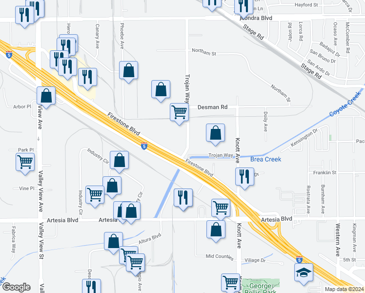 map of restaurants, bars, coffee shops, grocery stores, and more near 14703 Firestone Boulevard in La Mirada