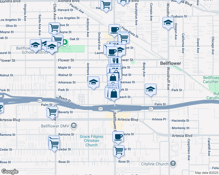 map of restaurants, bars, coffee shops, grocery stores, and more near 9729 Park Street in Bellflower