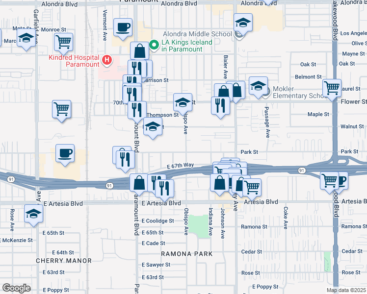 map of restaurants, bars, coffee shops, grocery stores, and more near 6847 North Obispo Avenue in Long Beach