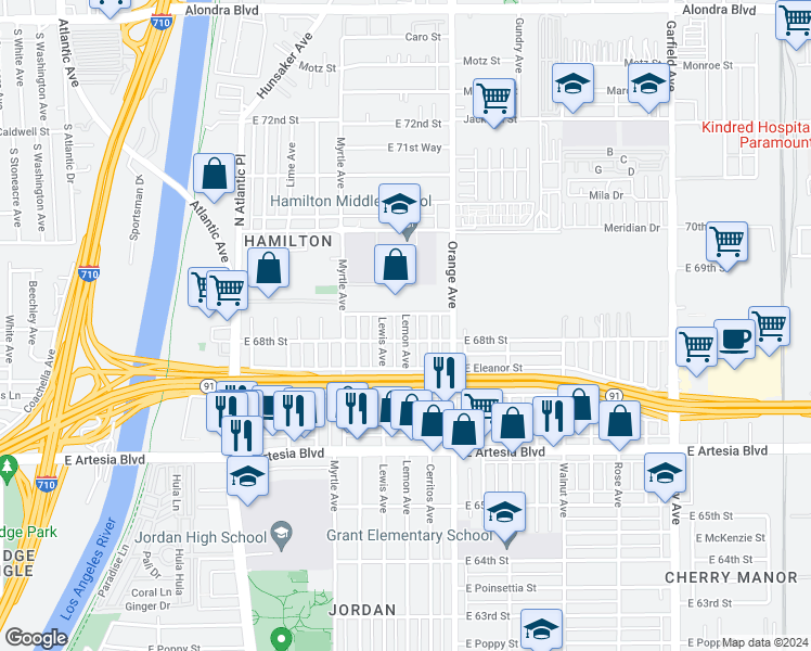 map of restaurants, bars, coffee shops, grocery stores, and more near 6846 Lemon Avenue in Long Beach