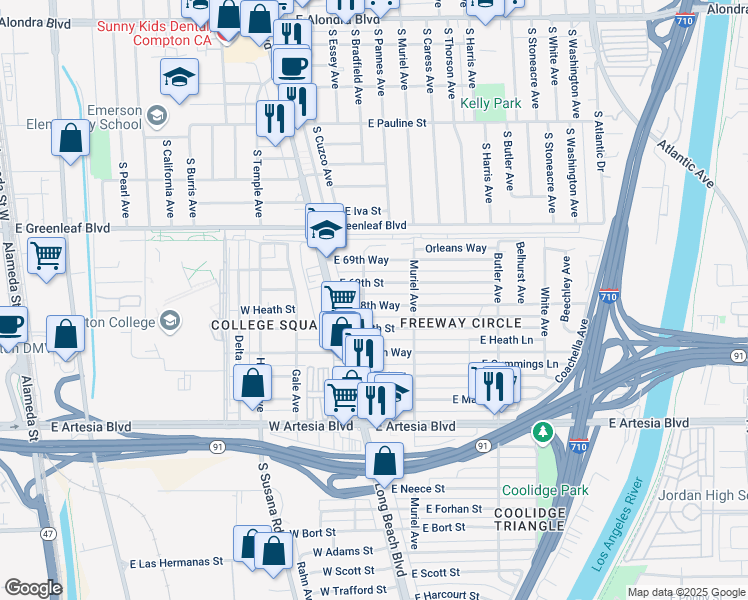 map of restaurants, bars, coffee shops, grocery stores, and more near 6889 Orcutt Avenue in Long Beach