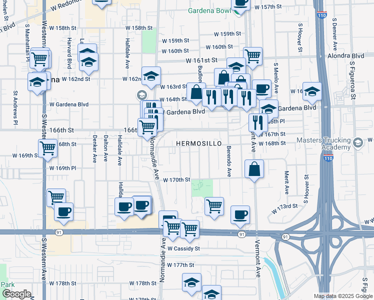 map of restaurants, bars, coffee shops, grocery stores, and more near 1303 West 168th Street in Gardena