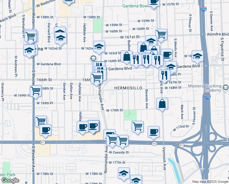 map of restaurants, bars, coffee shops, grocery stores, and more near 1303 West 168th Street in Gardena