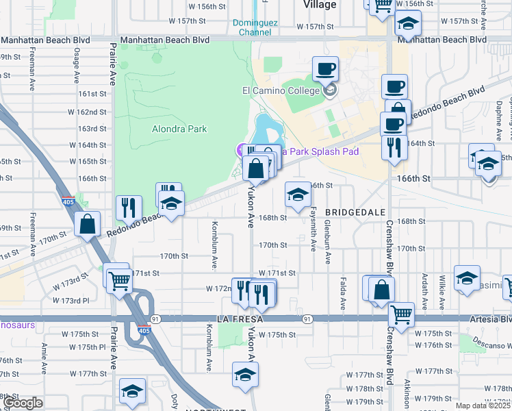 map of restaurants, bars, coffee shops, grocery stores, and more near 16700 Yukon Avenue in Torrance