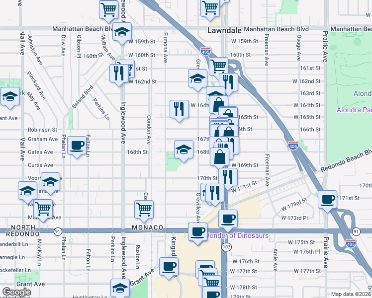 map of restaurants, bars, coffee shops, grocery stores, and more near 4530 167th Street in Lawndale