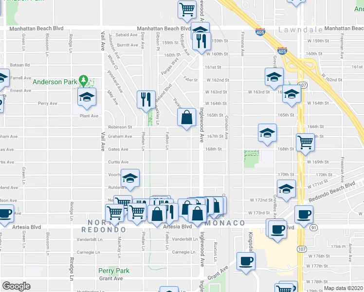 map of restaurants, bars, coffee shops, grocery stores, and more near 2610 Graham Avenue in Redondo Beach