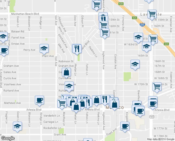map of restaurants, bars, coffee shops, grocery stores, and more near 2610 Graham Avenue in Redondo Beach