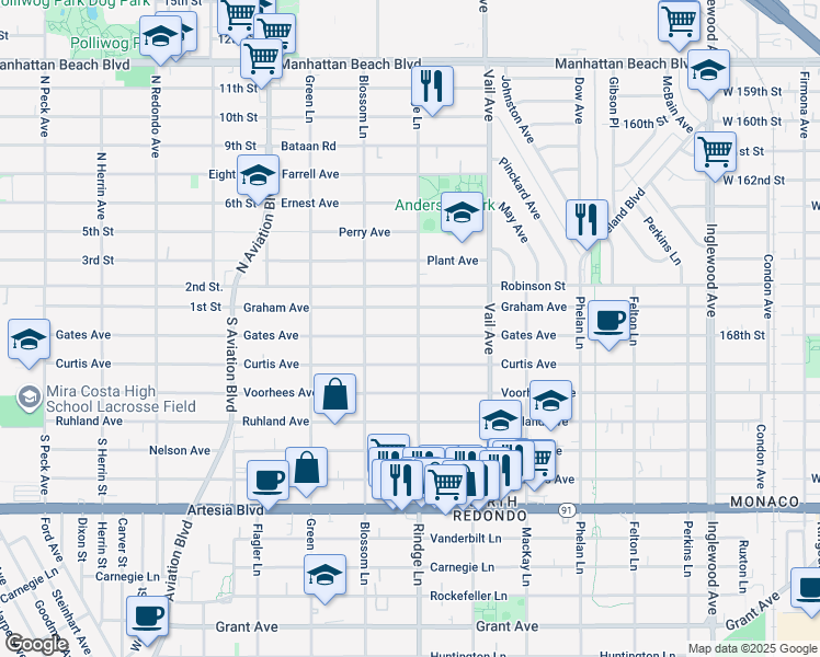 map of restaurants, bars, coffee shops, grocery stores, and more near 2606 Rindge Lane in Redondo Beach